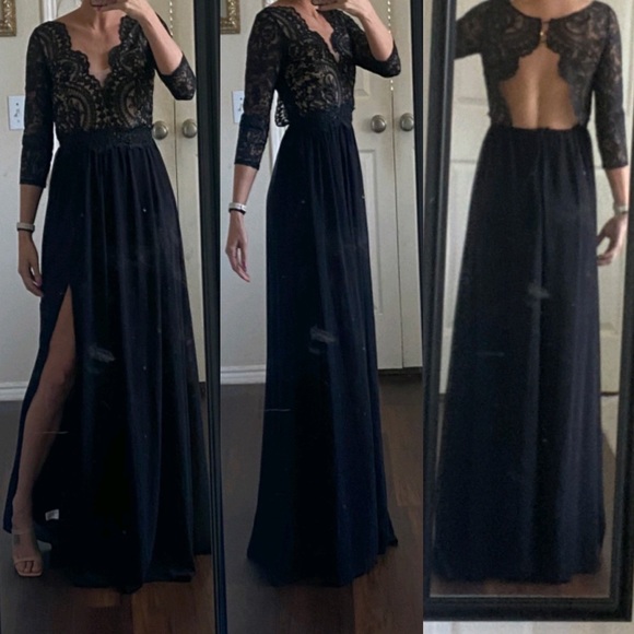 Soieblu Dresses & Skirts - Soieblu black nude beige mesh lace long 3/4 sleeve a-line maxi formal prom dress
